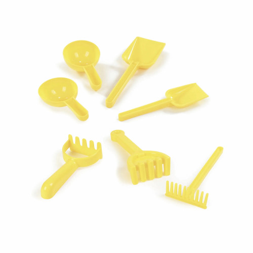 Set of x7 Yellow Plastic Sand Tools Trowel Scoop Spade Rake