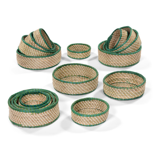 Set of x16 Green Trim Round Natural Storage Baskets for High Level Units