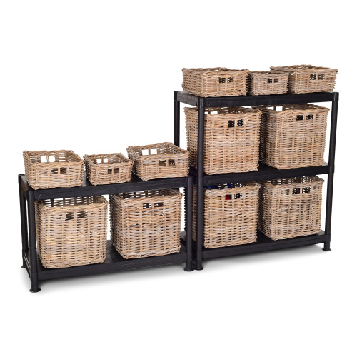 Black Shelving with Various sized Rattan Baskets