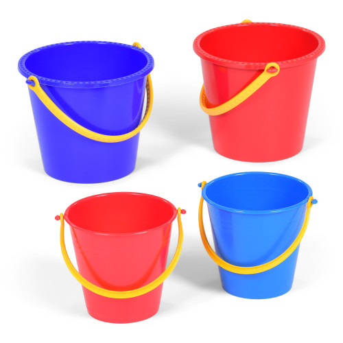 Set of 4 Buckets in Red and Blue with Yellow Handles