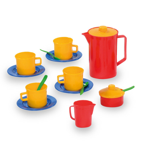 Brightly Coloured Set of Cups Saucers Spoons Jug and Tea Pot