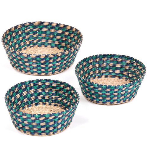 Set of x3 Round Blue Patterned Baskets