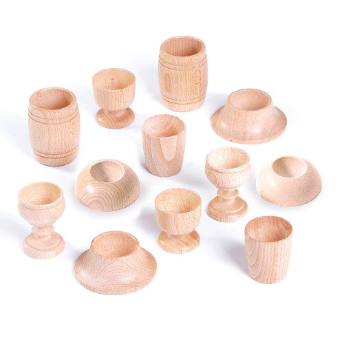 Set of x12 Mixed Turned Natural Wooden Egg Cups